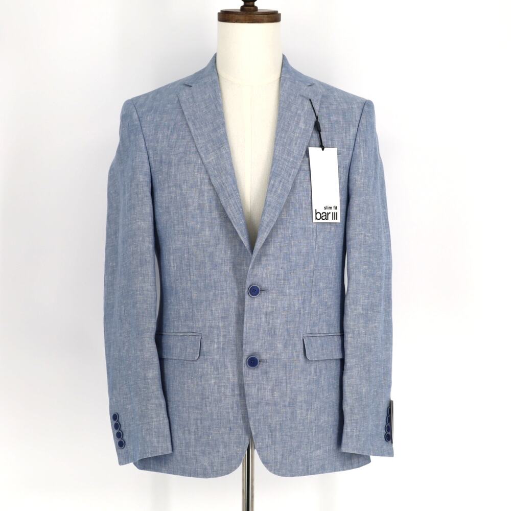 Bar III Men's Light Blue Linen Summer Casual Slim Formal Suit Jacket Size 36R
